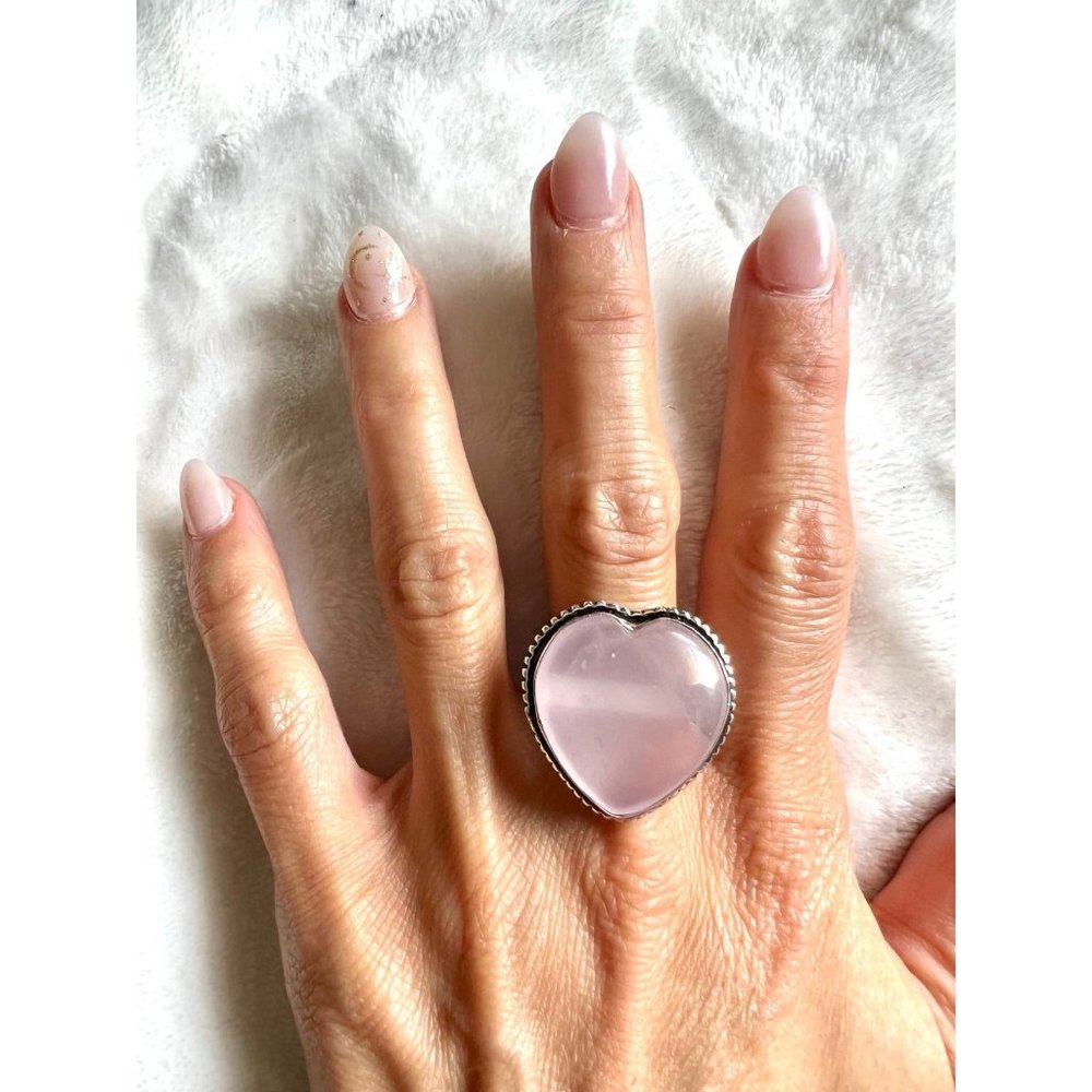 925 Self Love Heart ❤️ Rose Quartz Ring 8 3/4 - Picture 1 of 5